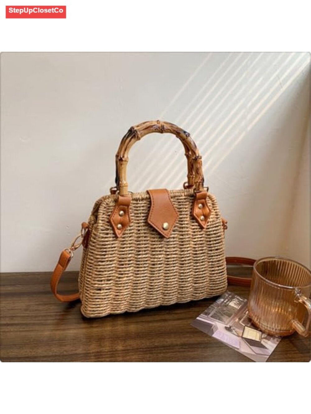 Bohemian Handmade Straw Crossbody Bag Bamboo Handle Woven Beach Purse - Picture 2 of 6